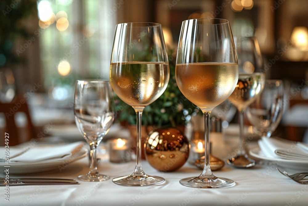 Elegant restaurant table setting with wine glasses, white plates, and soft lighting. Elegant restaurant table setting with wine glasses, white plates, and soft lighting.