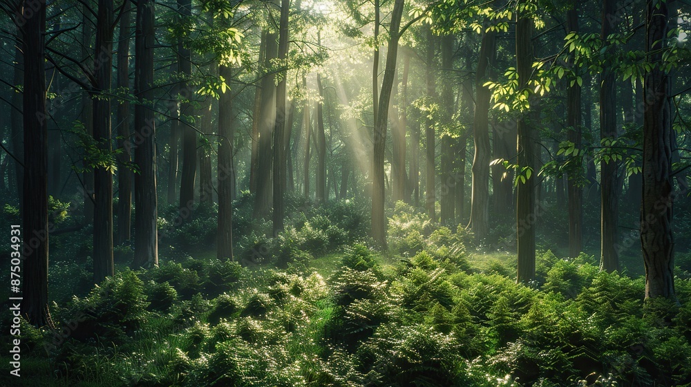 Fototapeta premium Misty Green Forest CanopyDescription: Lush green forest canopy bathed in sunlight and mist, creating a serene and tranquil atmosphere. Environment.
