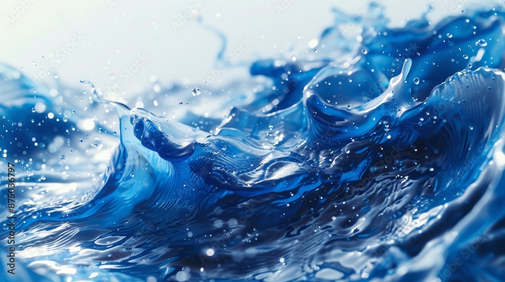 In an abstract art design, vibrant blue paint waves and splashes on a white background, producing dynamic energy and flowing motion. In an abstract art design, vibrant blue paint waves and splashes on a white background, producing dynamic energy and flowing motion.