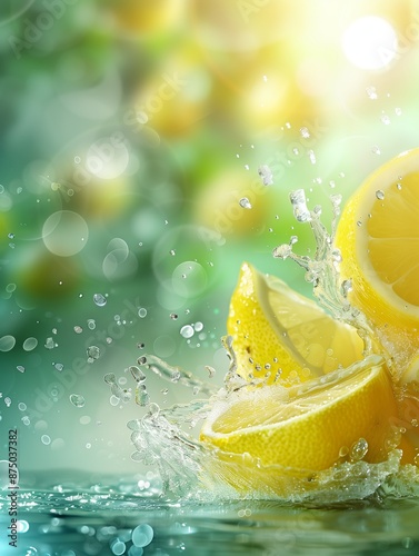 Fresh and juicy lemon slices and splashing water with a bokeh background copy space, Beverage advertising concept, Splash of lemon slice, Lemons in water, AI generated