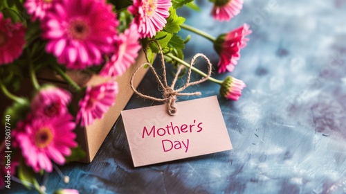 Pink Gerbera daisies in a cardboard box with Mother's Day handwritten card on a textured background. Mother's Day, flower arrangement, greeting, festive occasion, gift idea, celebration concept.
