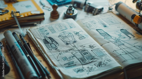 Hand drawn sketches of technology in a notebook.