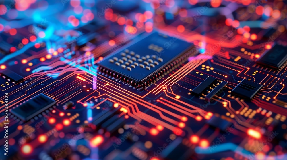 Abstract Circuit Board with Glowing Lines and Components.