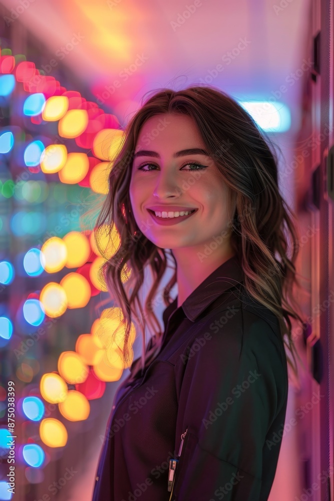 A young woman smiles brightly, illuminated by a colorful, blurred background A young woman smiles brightly, illuminated by a colorful, blurred background