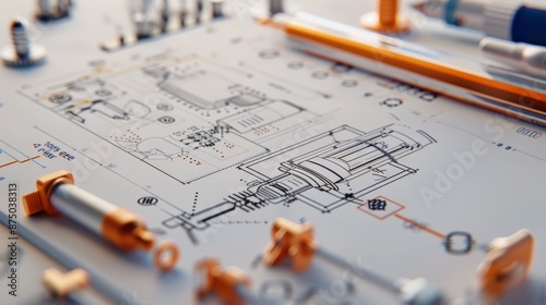 Technical Drawing with Pencil and Metal Parts. photo