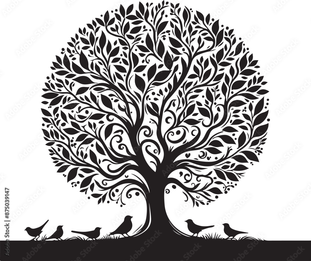 Obraz premium illustration tree with leaves and birds silhouette ,vector black color silhouette
