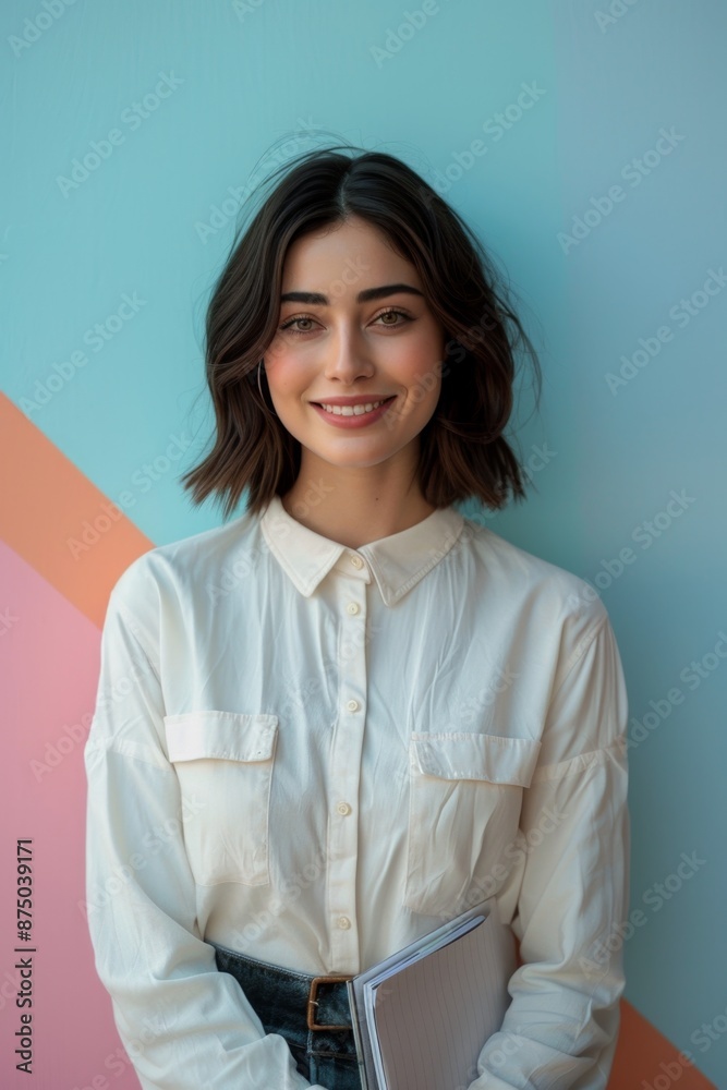 Portrait of a young woman smiling and holding a notebook in front of a colorful wall Portrait of a young woman smiling and holding a notebook in front of a colorful wall