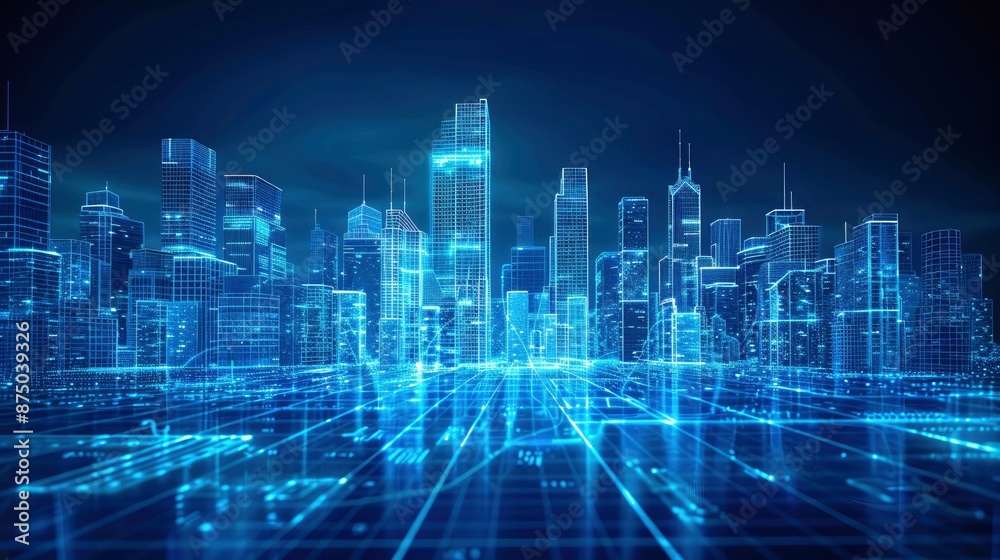 A futuristic cityscape rendered in digital wireframes, showcasing the integration of Building Information Modelling (BIM) technologies A futuristic cityscape rendered in digital wireframes, showcasing the integration of Building Information Modelling (BIM) technologies