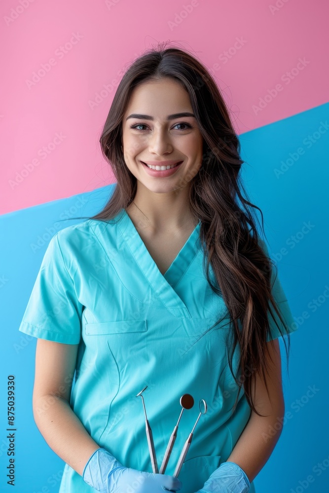 A friendly female dentist in scrubs holds dental tools with a confident smile A friendly female dentist in scrubs holds dental tools with a confident smile