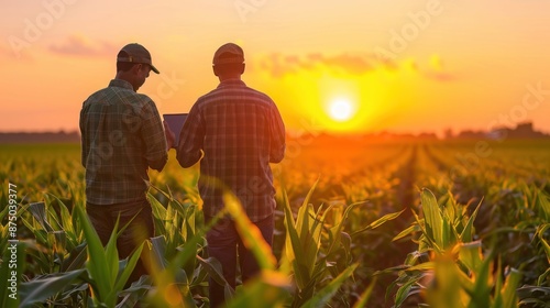 Happy two smart farmer holding a tablet inspecting walking through the corn field, sunset scene