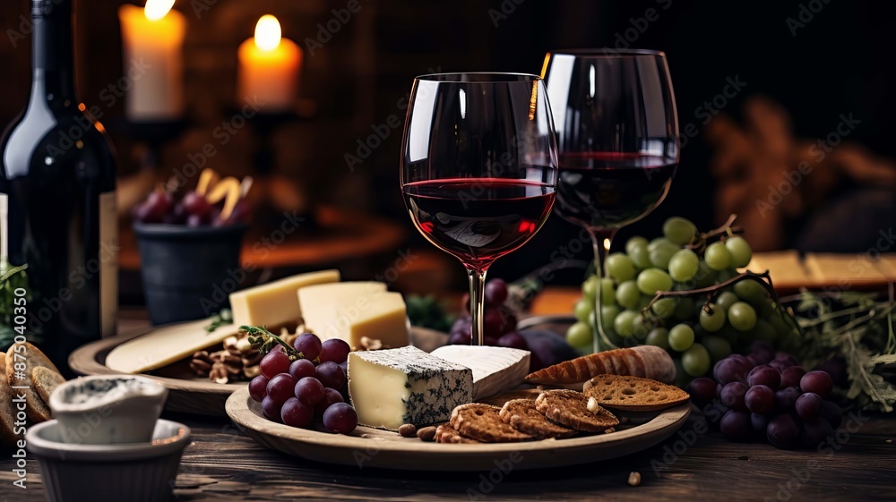 plate with a glass of red wine. selective focus. Generative AI, plate with a glass of red wine. selective focus. Generative AI,