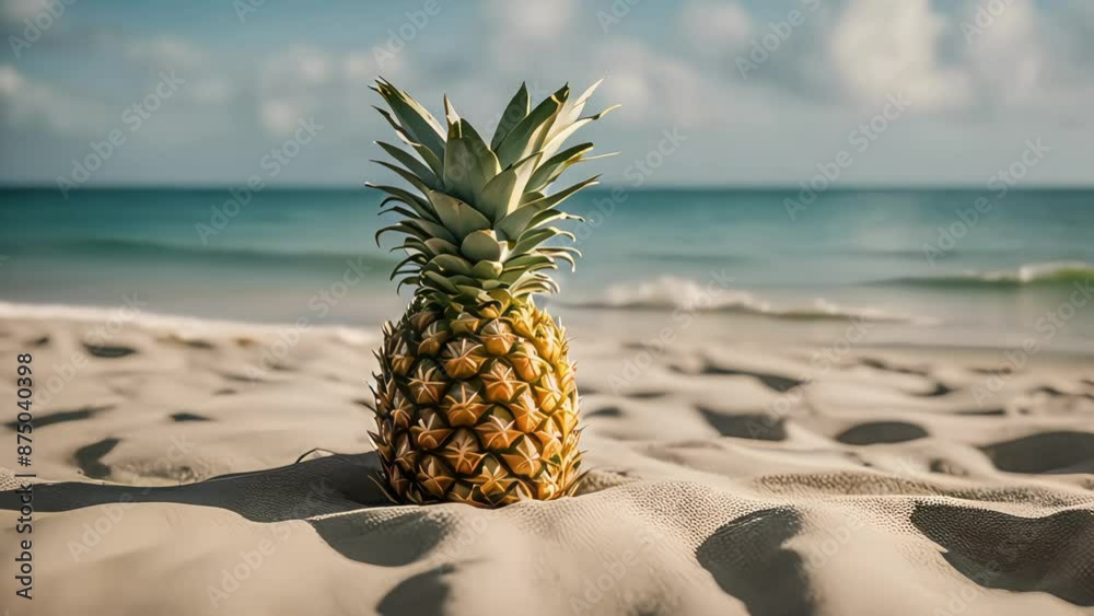 Ripe pineapple centered on sandy beach with ocean and sky Ripe pineapple centered on sandy beach with ocean and sky