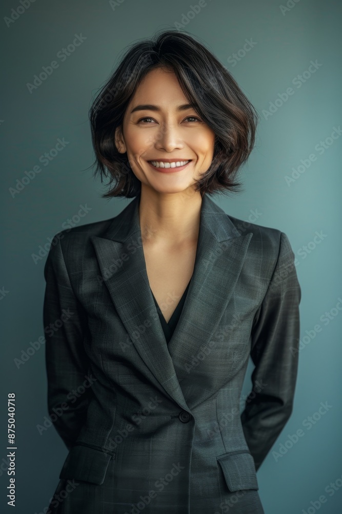 A portrait of a confident, young Asian businesswoman in a black blazer smiling warmly at the camera. A portrait of a confident, young Asian businesswoman in a black blazer smiling warmly at the camera.