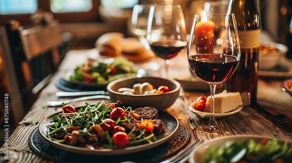 Glass with wine and a set of wine snacks, cheese, meat, vegetables and other snacks on the table. selective focus. Generative AI, Glass with wine and a set of wine snacks, cheese, meat, vegetables and other snacks on the table. selective focus. Generative AI,