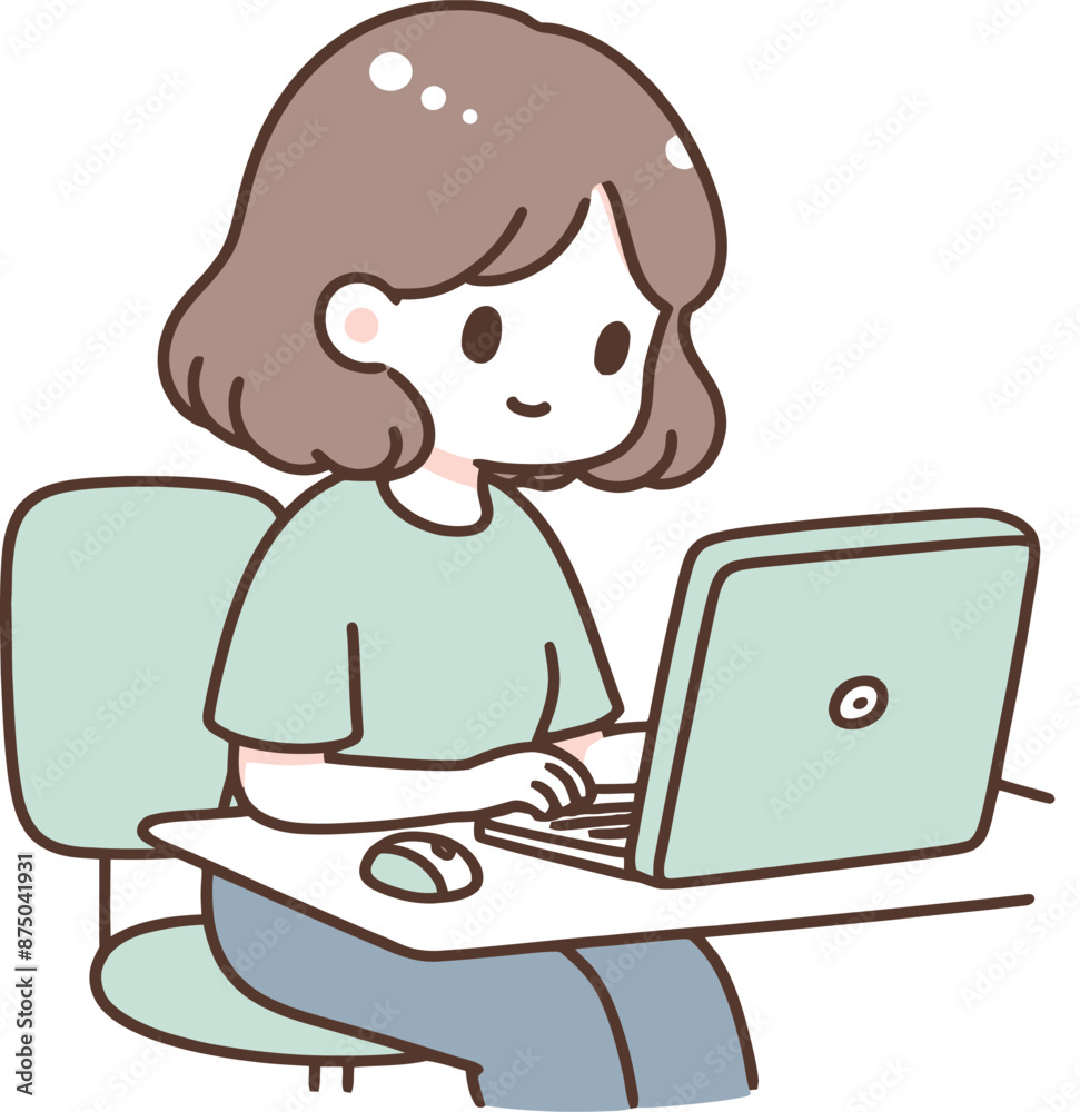 Illustration of a young woman working on a laptop