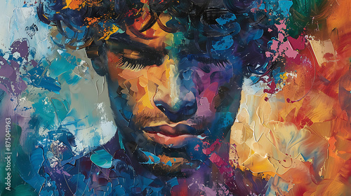 A contemplative black man with closed eyes, immersed in colorful artistic surroundings, reflecting deep thought and emotion through vivid visual expression