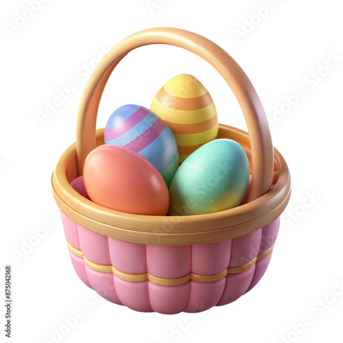 Pink Basket Filled With Colorful Easter Eggs 3D Render