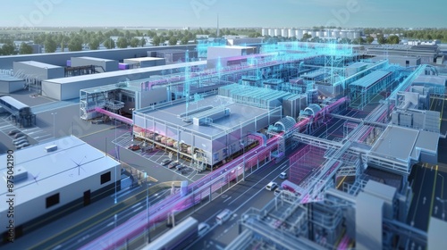 A digital simulation of a BIM-guided manufacturing facility, optimizing production processes and workflow efficiency