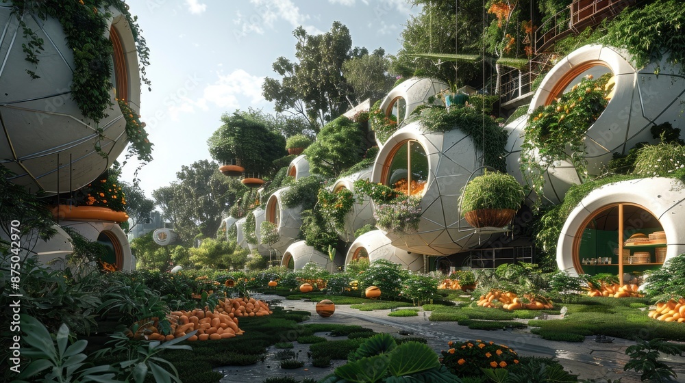 Obraz premium A BIM-enhanced visualization of a futuristic urban farm, showcasing sustainable agriculture practices and food production technologies