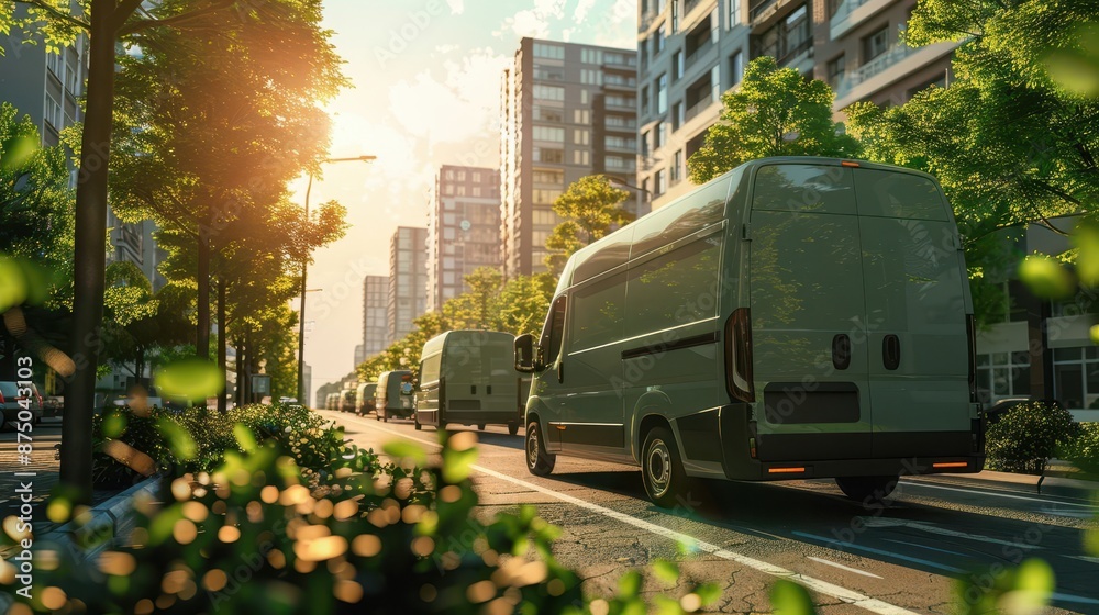 Naklejka premium Ecofriendly electric delivery vans in a city, sustainable transport, green logistics