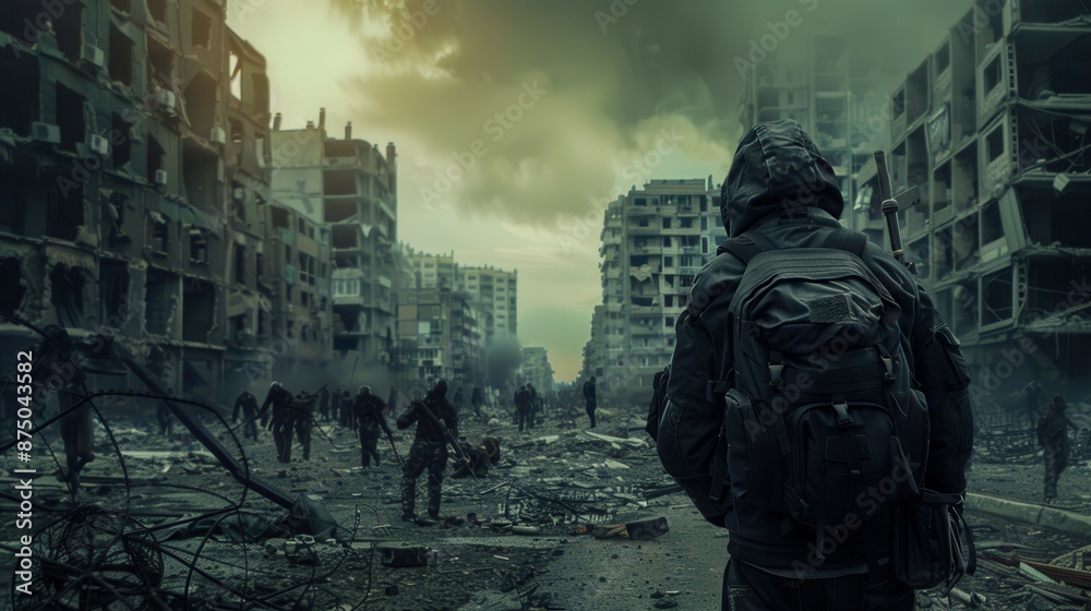 A zombie hunter character in post-apocalyptic attire, armed to the teeth, in a ruined city full of zombies. A zombie hunter character in post-apocalyptic attire, armed to the teeth, in a ruined city full of zombies.