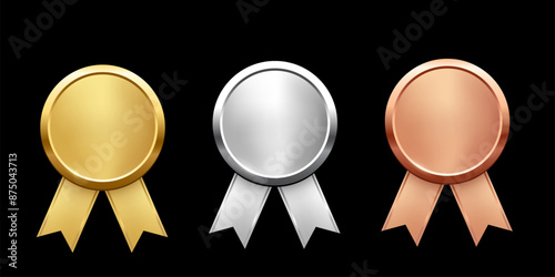 Medals for first, second, third place with ribbons. Gold, silver and bronze ranks on black background. Award nomination. Championship in sport or movie vector illustration.
