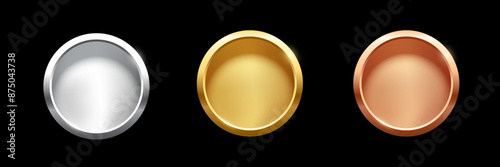 Award golden, silver and bronze blank medals 3d vector realistic illustration. First, second and third place medals or buttons isolated on black background. Quality blank, empty badge, emblem set