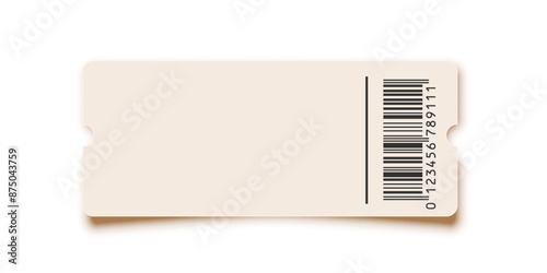 Cinema ticket with barcode. Theater coupon realistic vector template. Discount voucher mockup. Train, movie, raffle, carnival blank ticket with text space. Concert, event, festival admit layout