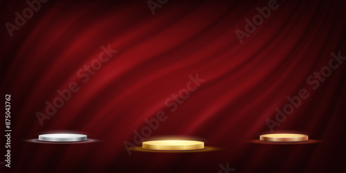 Gold, silver and bronze award podium on red curtain background. Collection of abstract luxury empty stages for product presentation or award ceremony. Championship in sport or movie vector