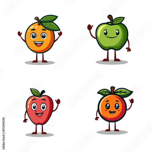 Cute fruit cartoon characters arranged in different facial expressions on a white background.