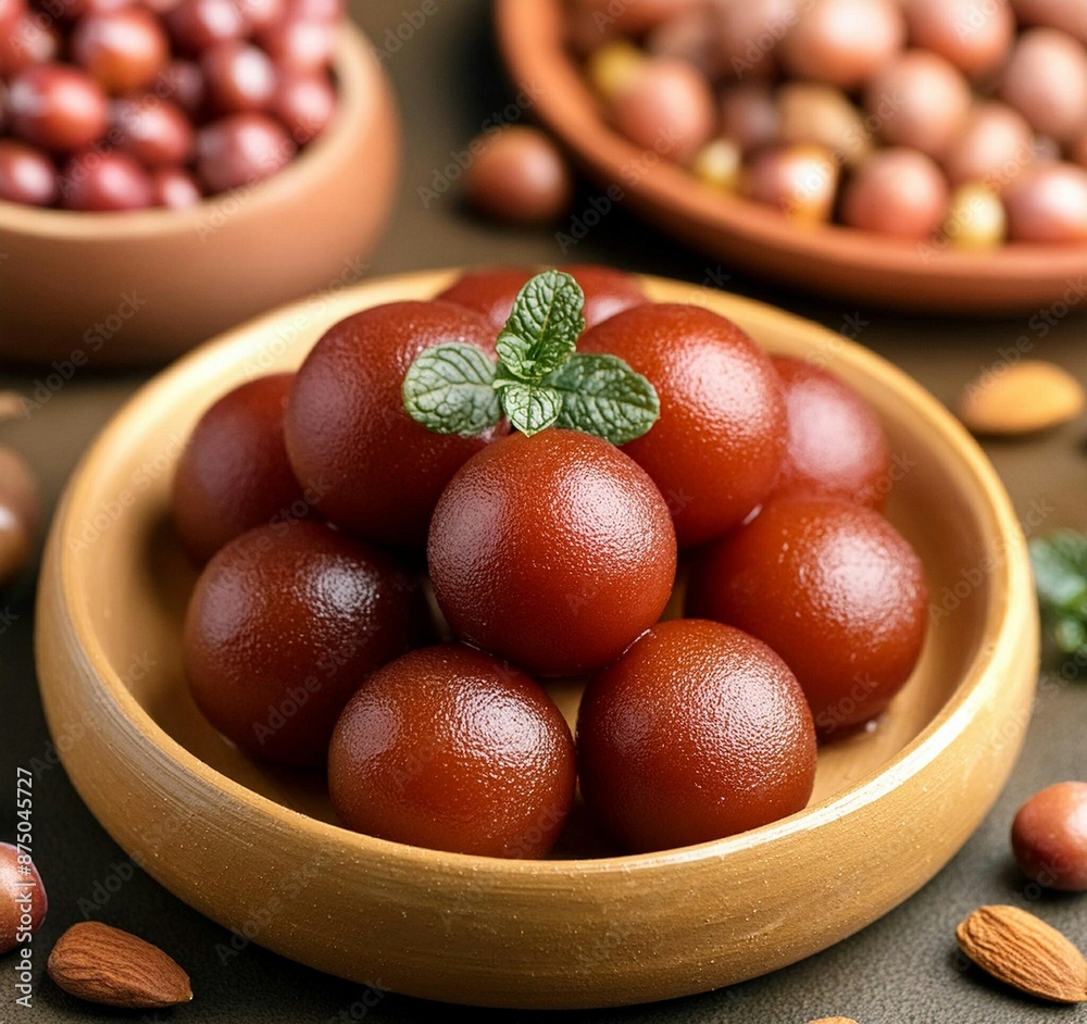 Gulam jamun close up image in background ladoo and pista nuts.