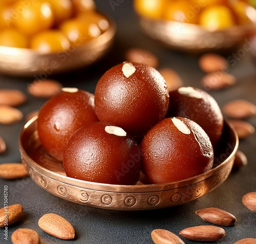 Gulam jamun close up image in background ladoo and pista nuts. photo