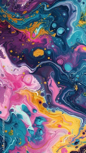 A close-up shot of a vibrant abstract painting created with acrylic paint