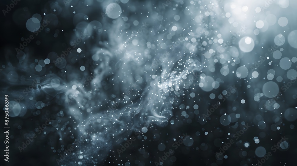Fototapeta premium White dust element bokeh pattern flying overlay in a dark. Dust particle on black abstract background.
