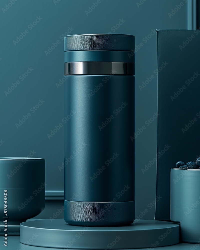 A modern teal-colored thermal water bottle stands on a circular platform against a teal backdrop. A modern teal-colored thermal water bottle stands on a circular platform against a teal backdrop.