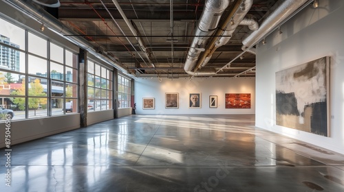 A contemporary art installation in an industrial space with concrete floors, high ceilings, and large windows providing dramatic natural light. © Sana