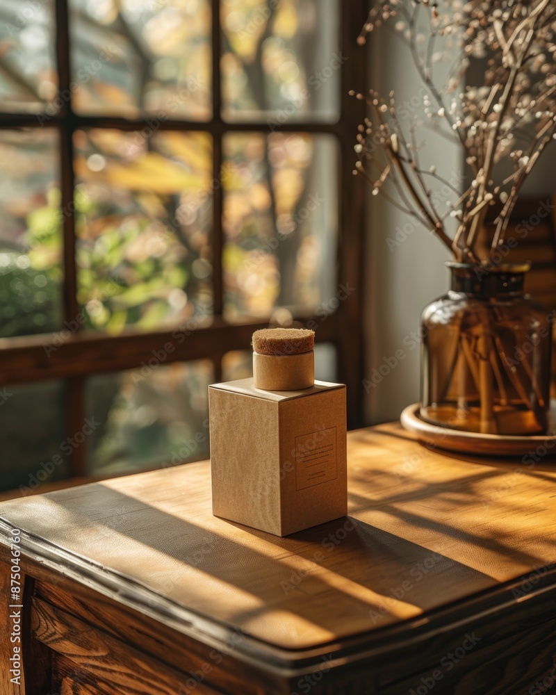 A minimalist brown cardboard box sits on a wooden table with sunlight streaming through the window, creating a warm and inviting atmosphere. A minimalist brown cardboard box sits on a wooden table with sunlight streaming through the window, creating a warm and inviting atmosphere.