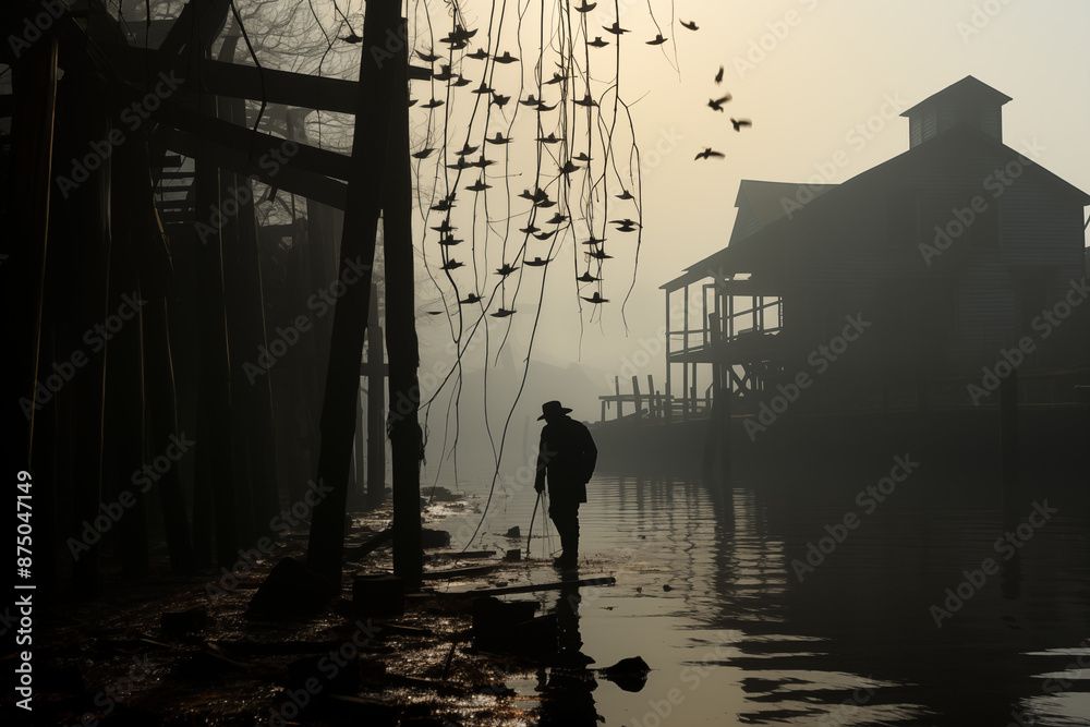 A ghostly fisherman haunting a foggy, abandoned dock A ghostly fisherman haunting a foggy, abandoned dock