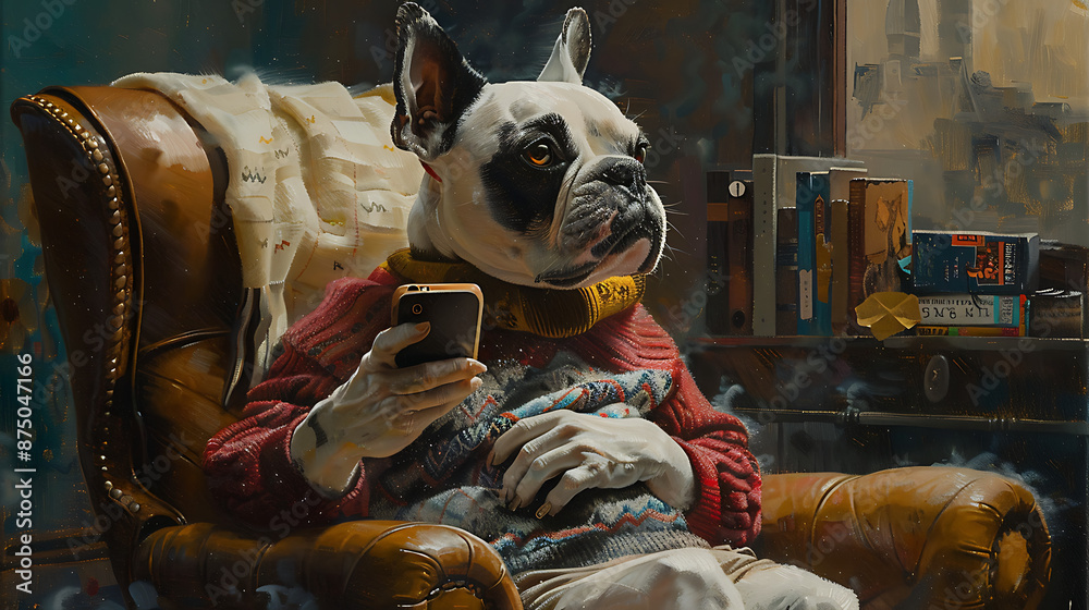 A cozy dog, clad in a sweater, perches on a chair, engrossed with its mobile phone. The scene captures a blend of technology and charm in a domestic setting. A cozy dog, clad in a sweater, perches on a chair, engrossed with its mobile phone. The scene captures a blend of technology and charm in a domestic setting.