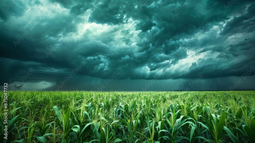 Storm clouds gather above a field of green corn Storm clouds gather above a field of green corn