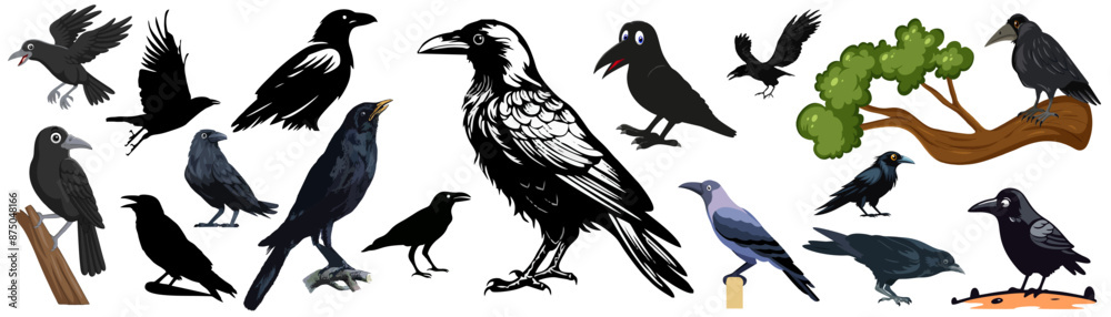 Fototapeta premium Flock of crows isolated, silhouette flying high with its wings feathers in american city and sitting on the tree icon vector illustration