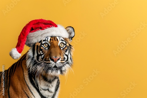 funny charming animal in santa claus hat celebrating christmas holiday isolated on yellow background