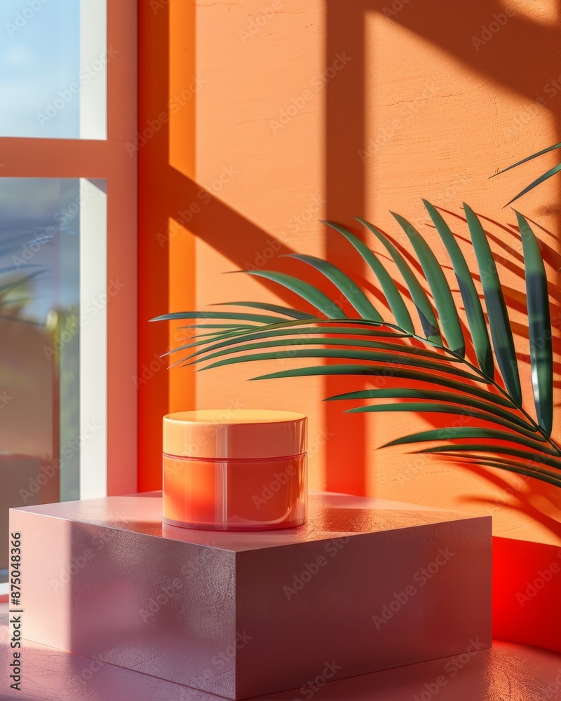 A vibrant orange cosmetic jar rests on a pink pedestal, showcasing a modern and stylish product display with a palm leaf shadow. A vibrant orange cosmetic jar rests on a pink pedestal, showcasing a modern and stylish product display with a palm leaf shadow.