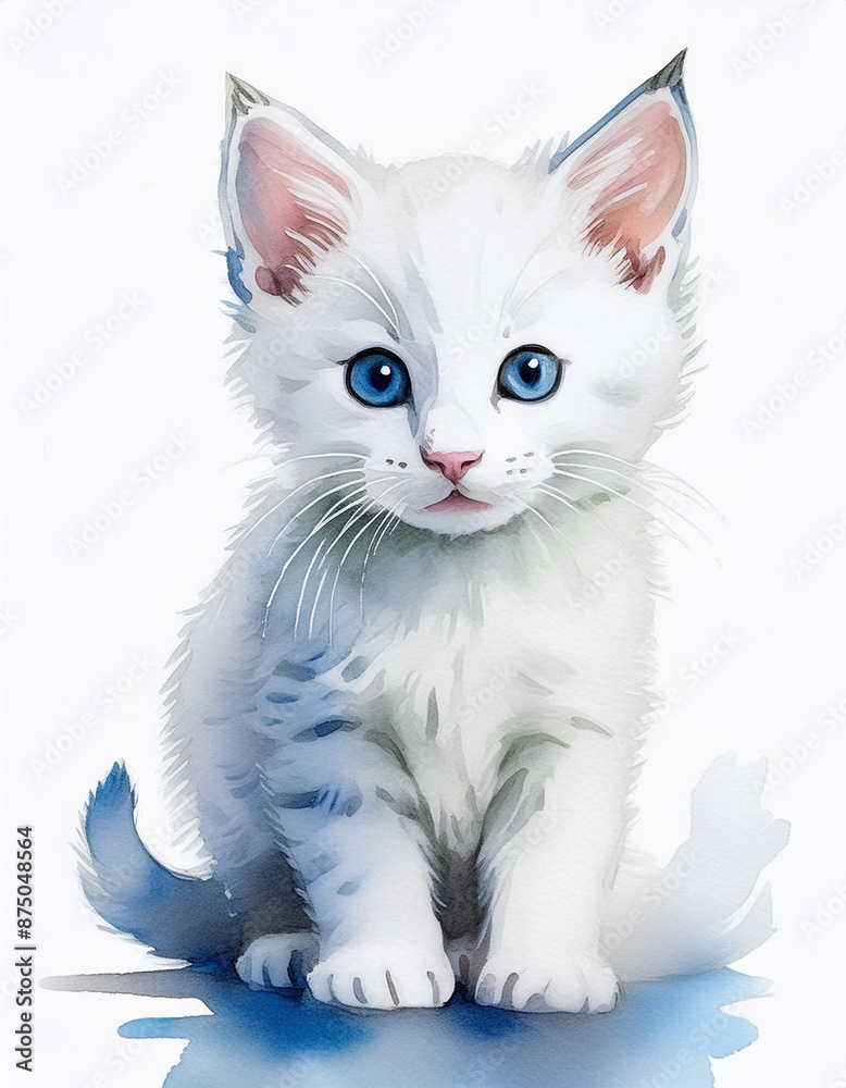 Obraz premium A watercolor illustration of a fluffy white kitten with bright blue eyes
