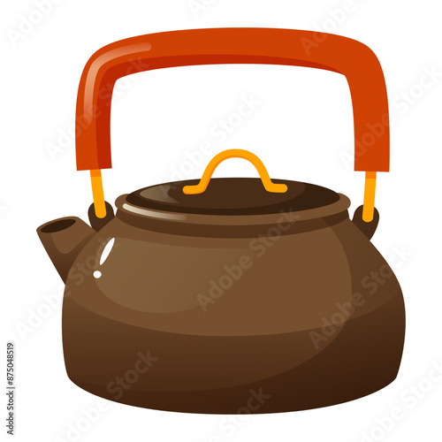 Travel kettle with a red handle. Outdoor cooking equipment. Camping, hiking, travel, expedition. Metal kitchen utensils for tea or coffee. Isolated vector illustration.