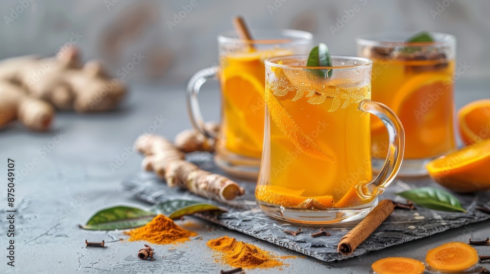 Three mugs of warm, spiced tea with orange slices Three mugs of warm, spiced tea with orange slices