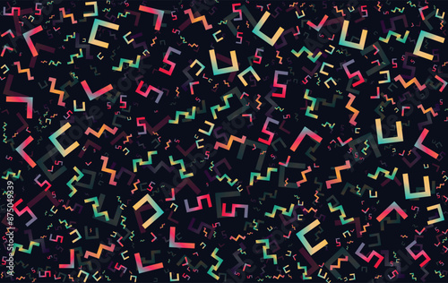 Seamless colorful abstract geometric vector pattern on black background. Complex alphabet design. Back to school theme