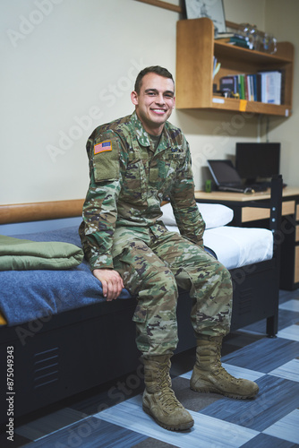 Military, service and soldier or happy man at navy, bedroom or officer quarters for battle, war training or USA combat. Portrait, veteran and uniform with courage for government draft or conscription