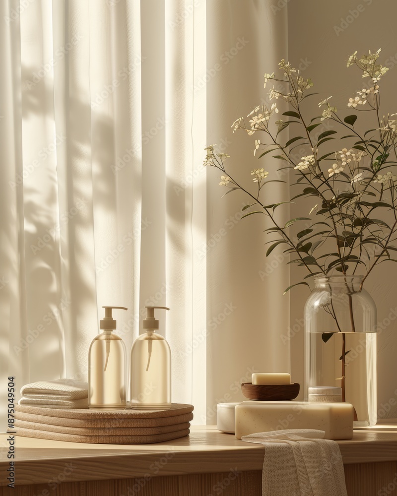 A minimalist bathroom scene with natural elements showcasing two bottles of liquid soap, a bar of soap, and a vase of flowers in front of a sheer curtain. A minimalist bathroom scene with natural elements showcasing two bottles of liquid soap, a bar of soap, and a vase of flowers in front of a sheer curtain.