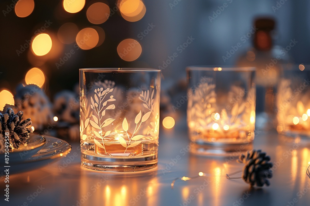 Romantic table setting featuring decorated glasses, warm lighting, and soft background bokeh. Romantic table setting featuring decorated glasses, warm lighting, and soft background bokeh.